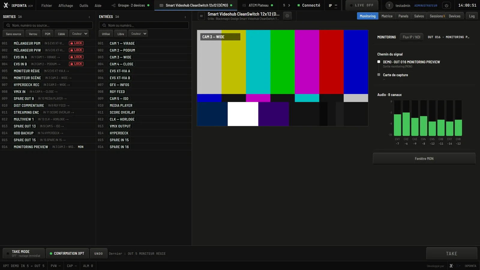 Ixpointa UCM, onglet Monitoring : mire de couleurs de CAM 3, chemin du signal et 8 canaux audio